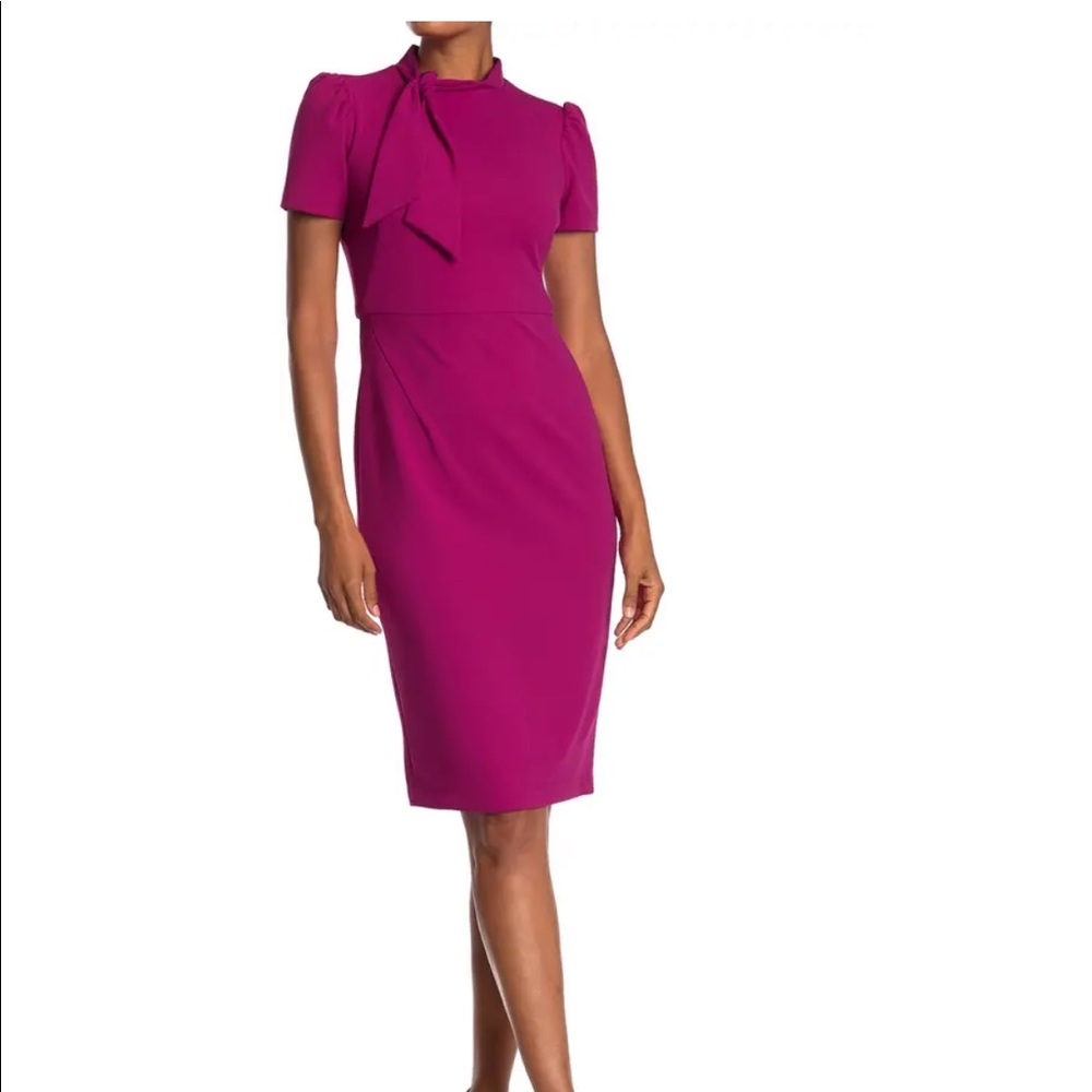 Tie Neck Puff Sleeve Scuba Crepe Dress - Magenta